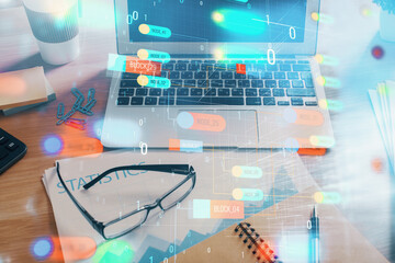 Multi exposure of desktop with computer on background and tech theme drawing. Concept of big data.