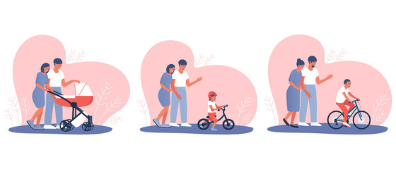 Fototapeta premium A set of happy parents are watching how their baby is growing. The kid rides in a stroller, on a balance bike and a bicycle. Mom and dad are happy about the achievements of the child. Flat vector.