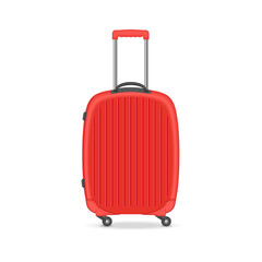 Red suitcase. A realistic large polycarbonate travel case.  Isolated on white background. 