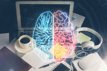 Double exposure of desktop computer and human brain drawing hologram. Ai concept.