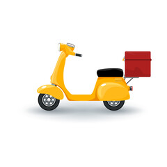 Orange vintage scooter with box for food delivery isolated on white background, online delivery service and stay home concept, vector illustration