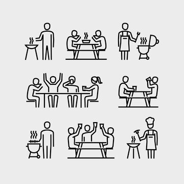 People Grilling Eating and Drinking Vector Icons