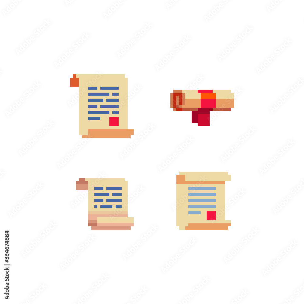 Poster pixel paper scroll icons set, scripts. sticker design. old school computer graphic style. pixel art 