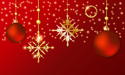 Christmas or New Year background with shiny snowflakes and Christmas toys. Merry Christmas and Happy New Year. Vector illustration