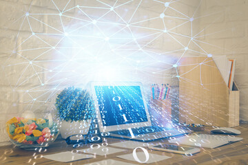 Multi exposure of desktop with personal computer and tech theme drawing. Concept of Bigdata.