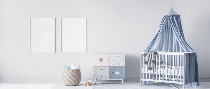 Mock up frame for bright nursery bedroom with white crib and rattan basket, panorama, 3d render