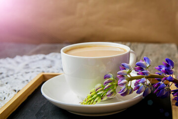 White cup of coffee with milk on a black tray with a lupine flower. Summer breakfast.