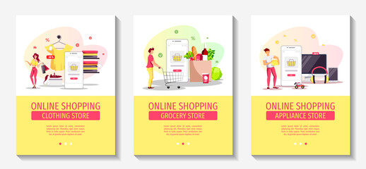 Set of banners for Appliance, grocery and clothing store, Online shopping, Home delivery, Mobile marketing, E-commerce. A4 Vector illustrations for poster, banner, flyer, commercial.