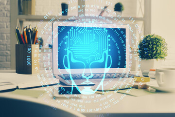 Double exposure of work space with computer and human brain drawing hologram. Brainstorm concept.