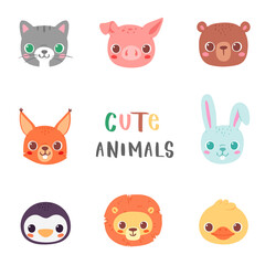 Fototapeta premium Set of pretty little animal avatars. Cute animal baby heads vector illustration for baby card, poster and invitation. Cat, pig, bear, rabbit, squirrel, penguin, lion, duck