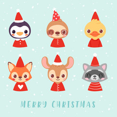 Set of pretty little christmas animal avatars. Cute animal baby heads in Santa hats vector illustration for greeting card, poster and invitation. Penguin, sloth, duck, fox, deer, raccoon
