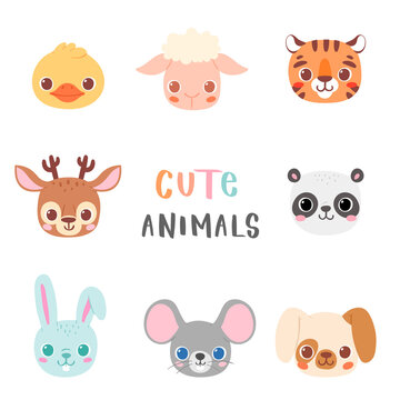 Set of pretty little animal avatars. Cute animal baby heads vector illustration for baby card, poster and invitation. Duck, sheep, tiger, deer, panda, rabbit, mouse, dog
