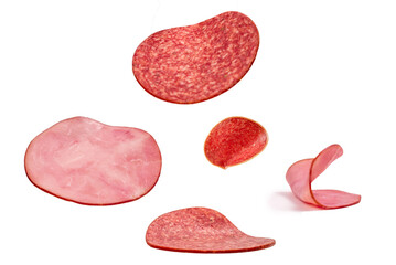 Obraz na płótnie Canvas Falling tasty salami isolated on white