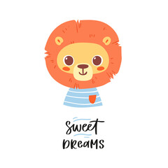 Simple portrait, pretty little animal avatar with lettering quote. Cute lion head Scandinavian vector illustration. Doodle icon for kids cards, baby shower, posters, b-day invitation, clothes