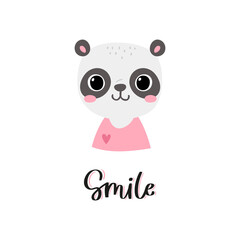 Simple portrait, pretty little animal avatar with lettering quote. Cute panda head Scandinavian vector illustration. Doodle icon for kids cards, baby shower, posters, b-day invitation, clothes