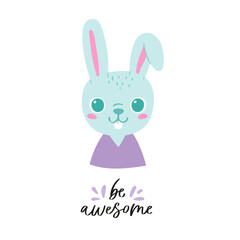 Simple portrait, pretty little animal avatar with lettering quote. Cute rabbit head Scandinavian vector illustration. Doodle icon for kids cards, baby shower, posters, b-day invitation, clothes