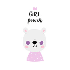 Obraz na płótnie Canvas Simple portrait, pretty little animal avatar with lettering quote. Cute polar bear head Scandinavian vector illustration. Doodle icon for kids cards, baby shower, posters, b-day invitation, clothes