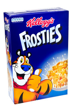 London, England - January 7, 2013: Box of Kellogg's Frosties Breakfast Cereal, Frosties are a popular breakfast cereal made from sugar coated corn flakes and introduced to the United States in 1951.