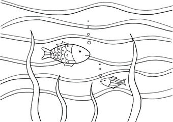 Waves and fishes Coloring Page. Underwater print for Coloring Book for children. Fishes in the sea in zentangle style. Antistress freehand sketch drawing. Vector illustration.