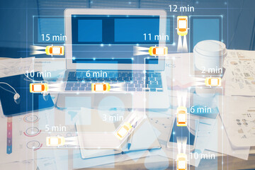 Desktop computer background in office with automobile hologram drawing. Multi exposure. Tech...