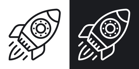 Startup or start-up launch icon. A rocket with a jet engine takes off from the cosmodrome. Simple two-tone vector illustration on black and white background
