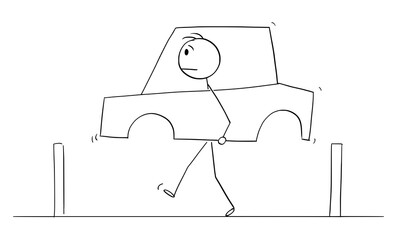 Vector cartoon stick figure drawing conceptual illustration of man walking on the road and carrying the car.Concept of ecology, environment or shortage of gas or gasoline.