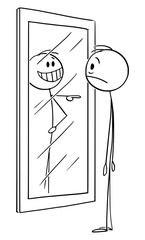 Vector cartoon stick figure drawing conceptual illustration of frustrated man with low confidence or self esteem looking at yourself in mirror, his reflection or image is laughing him.