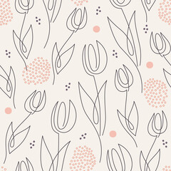 Seamless floral pattern with outline tulips and dots