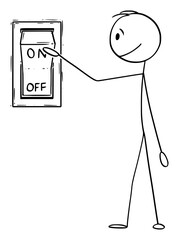 Vector cartoon stick figure drawing conceptual illustration of man or businessman ready to push or press the on off switch button.