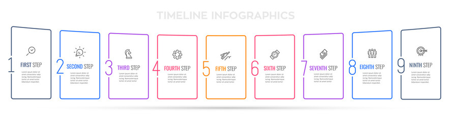 Business Infographic template. Thin line design with icons and 9 options or steps.