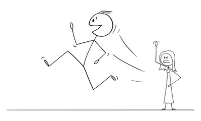 Vector cartoon stick figure drawing conceptual illustration of happy smiling man or husband running and leaving wife or woman.