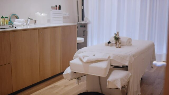 luxurious and modernd massage room that&rsquo;s carefully decorated in a hotel&rsquo;s spa ready for the next costumer. 4K ProRes Footage