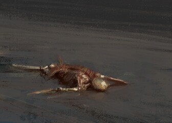 Digital traditional painting of a bloody skeleton lying on the beach 