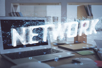 Multi exposure of computer on background and technology theme drawing. Concept of innovation.