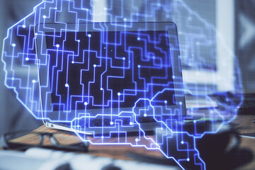 Double exposure of work table with computer and brain sketch hologram. Brainstorming concept.