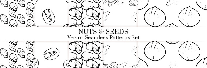 Nuts and seeds vector pattern. Outline hand drawn design