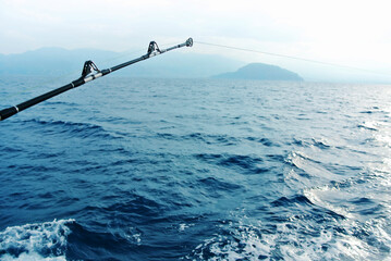 Spinning sea fishing. View of the Mediterranean Sea from the ship