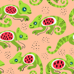 Chameleon and watermelon vector seamless pattern