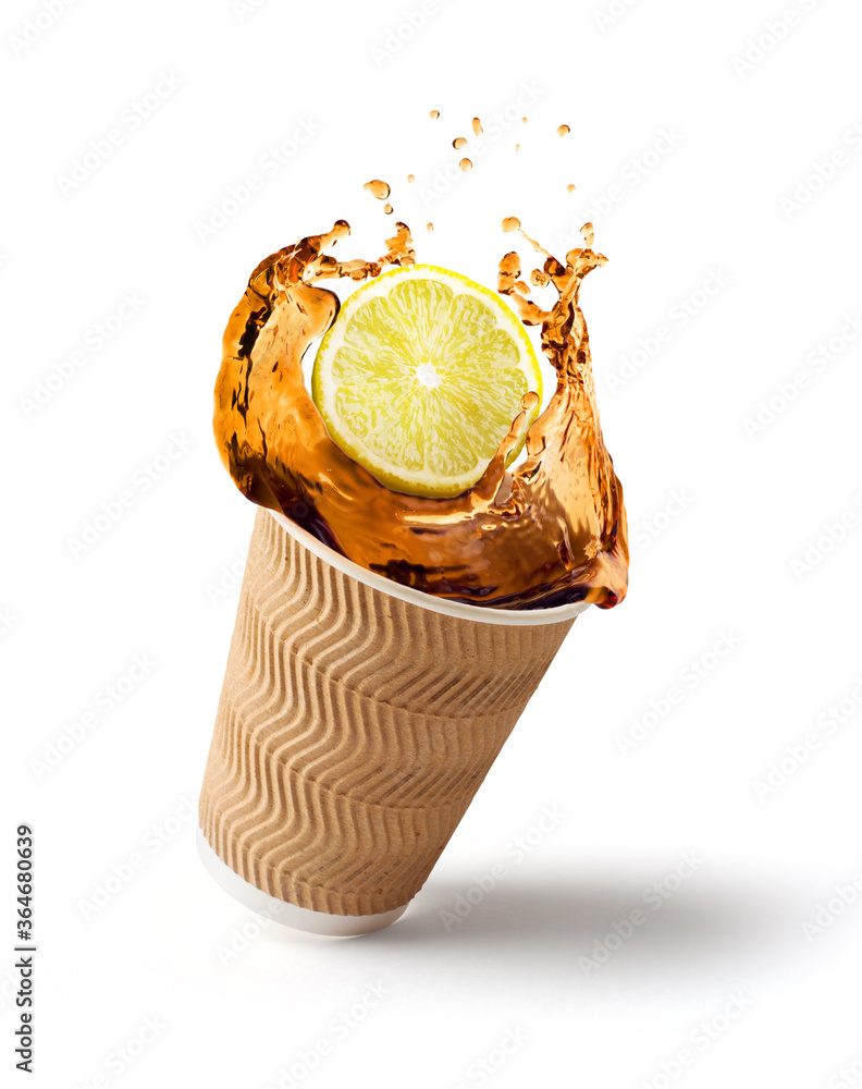 Sticker splash of coffee with lemon in a paper cup