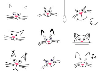 Set Faces of cute cats on a white background. happy, sad and thoughtful cats isolated. Vector cartoon Illustration in flat. For printing on cup, t-shirts