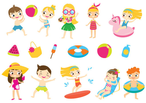 Children having summer holidays fun and outdoor beach activity. Kids enjoy seasonal vacation acitivity swim, play, tan, surf