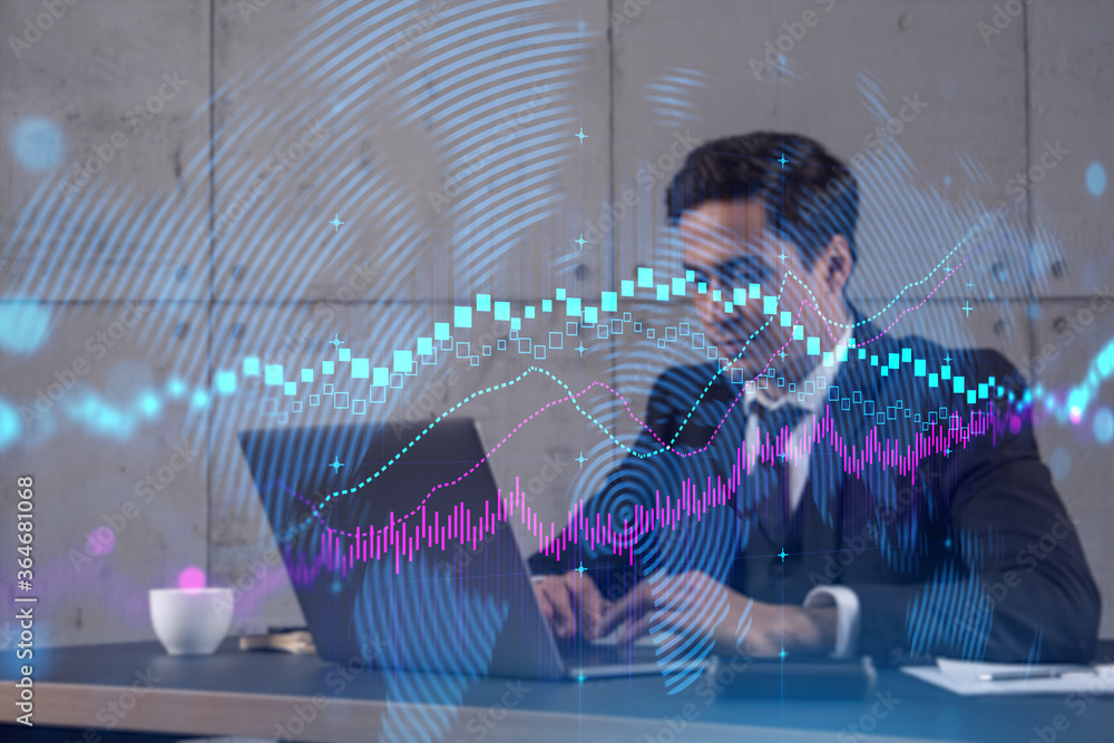 Poster businessman in office working with laptop technology forex online trading graph and chart, typing co