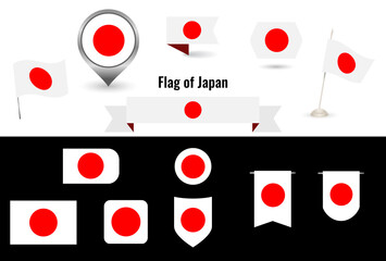 The Flag of Japan. Big set of icons and symbols. Square and round Japan flag. Collection of different flags of horizontal and vertical. vector illustration.