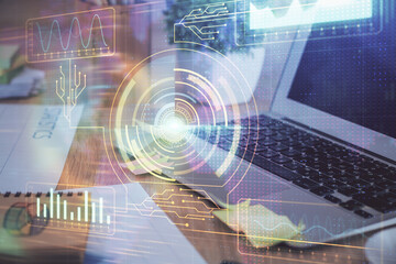 Technology theme drawing and table with computer. Double exposure. Concept of information.