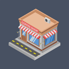 Graphic mall, Coffee shop building, Isometric 3D illustration.