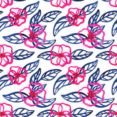 Seamless pattern with watercolor, abstract blue leaves and pink flowers on a white background. Bright, summer print for fabric, textiles, paper. Picturesque Botanical ornament. Stock image