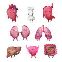 A set of painful internal organs. Sad characters: heart, bone, stomach, kidneys, lungs, liver, bladder, intestines. Children's watercolor illustration. Stock image on a white background.