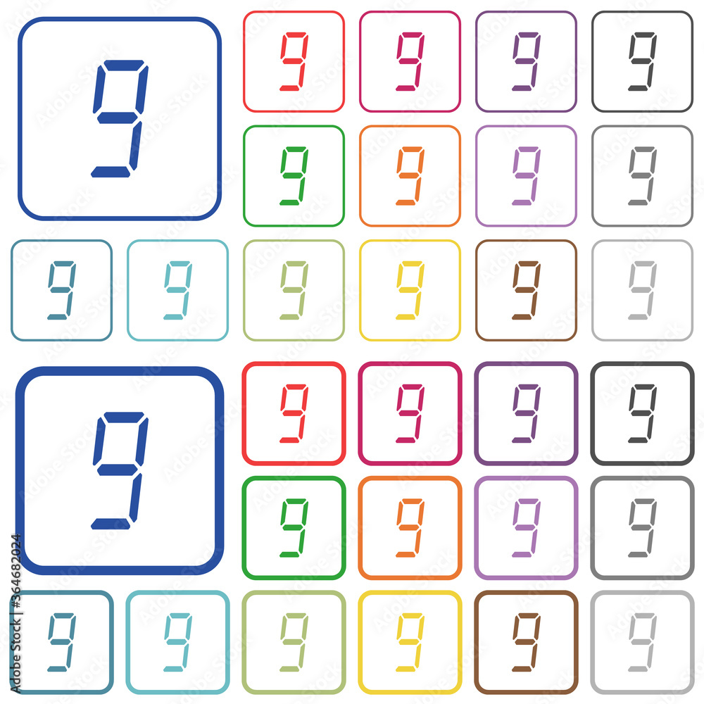Poster digital number nine of seven segment type outlined flat color icons