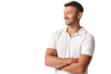 Fototapeta premium happy man in white t-shirt standing with crossed arms isolated on white