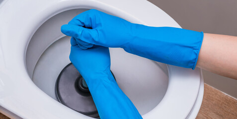 A clean toilet with cleaning agent and a gloved hand with a plunger. The concept of the home...
